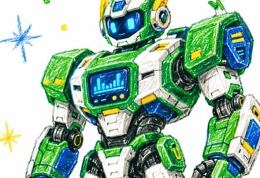 Robot robusto verde que simboliza ingeniería y proyectos avanzados.