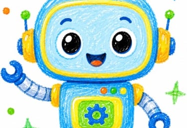 Robot infantil azul y amarillo que transmite curiosidad y diversión
