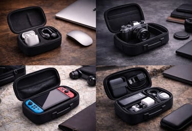 Black hardshell travel case organizing a camera, gaming console, and electronic accessories.