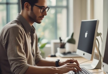 A person reviewing documents at a desk with a laptop and a cup of coffee.