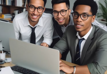 A group of professionals collaborating over documents and laptops in a stylish office environment.