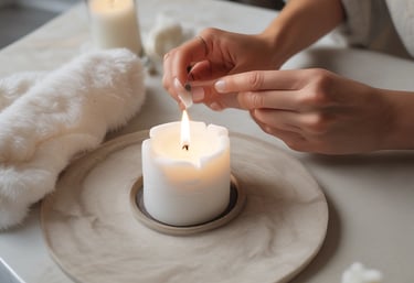 A serene woman meditating in a sunlit room surrounded by crystals and candles.