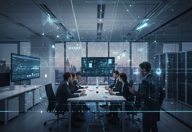 Professional business technology concept, modern office with digital network overlay