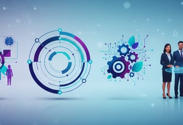 Ilustración corporativa que muestra la integración de personas, procesos y tecnología para impulsar 