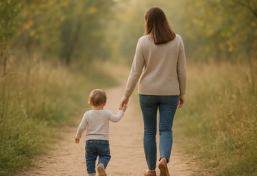 a toddler walking holding hands with the mother on a nature trail