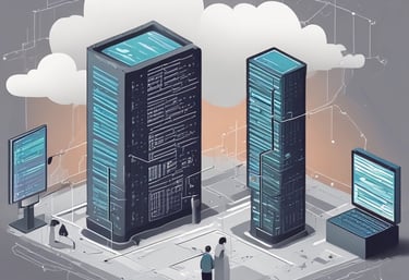 A hand holding a thermal scanner is pointed towards a rack of computer servers. The servers are illuminated with blue LED lights, giving a technological and futuristic feel.