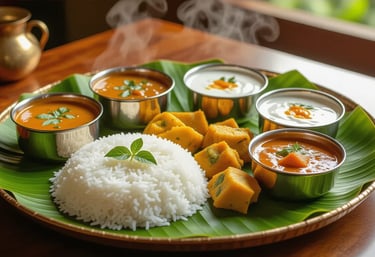 Traditional South Indian Thali, rice, sambar, veg curries, yogurt, & sweets in a fresh banana leaf.