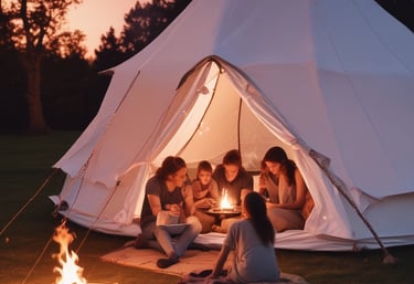 A black dog with a brown collar lies on a Helinox camping cot in a grassy outdoor setting. The background features blurred mountains and a cloudy sky, creating a serene and natural environment.