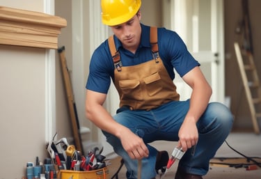 A man sitting on the sidewalk engaged in repairing tools, surrounded by various items and a bicycle with a covered load. The setup suggests a makeshift workstation with a collection of tools and materials scattered around.