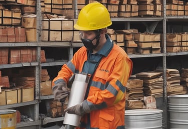 Worker wearing protective gear inspecting electrical panel in industrial setting.