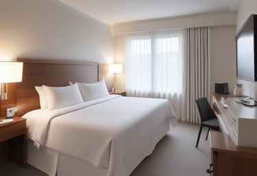 A rustic wooden building houses a laundromat with signs for wash, dry, and fold services. The signage prominently features red and blue text. Red cloth pieces are attached to antennas on the roof. The contrast between the blue sky, white clouds, and green foliage creates a quaint atmosphere.