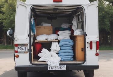 A stylized laundry setting with two front-loading washing machines depicted on a backdrop. In front of the backdrop, there is a bright yellow bench with multiple yellow chairs and a laundry basket containing a white telephone. The flooring features a yellow and white checkered pattern.