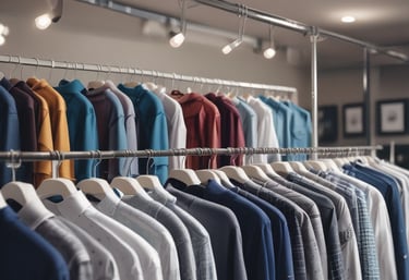 Several white and blue shirts are hung on a black metal clothing rack against a light backdrop. The white shirts feature red graphic designs, and a contrasting blue shirt is placed next to them.