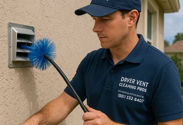 a man in a blue shirt is cleaning a dryer vent in boca raton florida