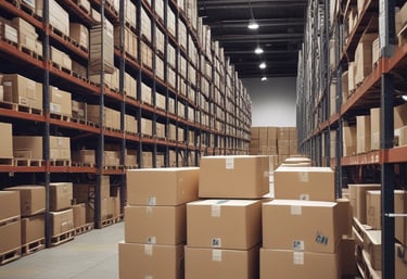 A warehouse aisle with tall metal shelves filled with stacked boxes and pallets. The perspective is low to the ground, highlighting the yellow safety lines painted on the floor. The environment seems organized and industrial, with a focus on storage and logistics.