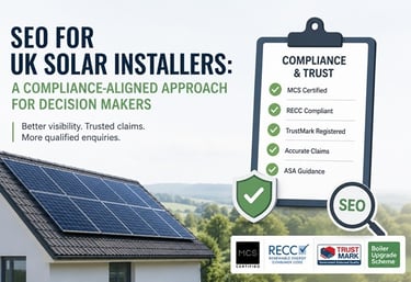 Solar panels on a UK home and compliance checklist highlighting SEO, MCS, RECC and TrustMark Require