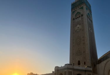 Stunning view of Hassan II Mosque in Casablanca at sunset, showcasing Islamic architecture