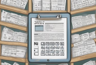 Desk with financial documents, calculator, and laptop showing accounting work.