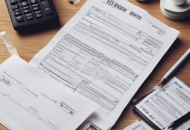 Desk with financial documents, calculator, and laptop showing accounting work.
