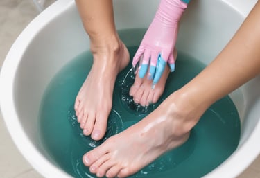 A person is receiving a foot spa treatment. The hands wearing pink gloves apply a teal-colored cream to the foot using a brush. The foot is positioned over a metallic basin filled with water.
