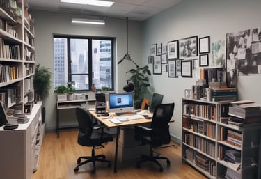 A modern interior space of an entrepreneurship center with large glass windows and open doors. The room contains people sitting at tables, engaging in various activities. The sleek design features metal railings and exposed ductwork in the ceiling, creating an industrial feel.