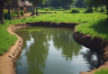 create me a realistic fish farm pond surround by green grasses and trees in Ghana Africa