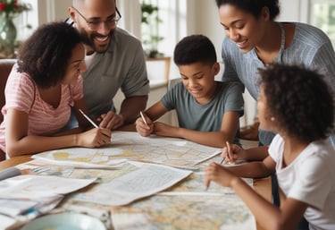 A blue coach bus with travel agency branding is crossing a narrow stone bridge surrounded by lush greenery. In the distance, a few people can be seen walking on a country road.