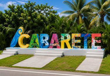 Colorful Cabarete sign landmark with tropical palm trees in the Dominican Republic.