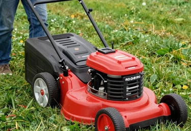 A friendly local lawn mower trimming a lush green lawn on a sunny day.