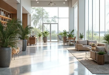 A large showroom with Polished Concrete floor