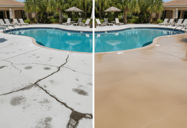 a before and after image of a pool deck resurfacing