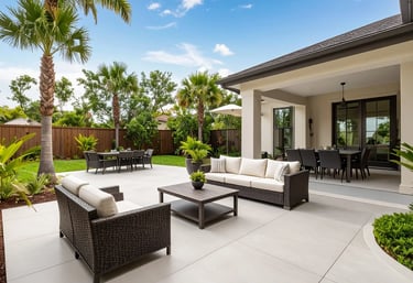 a concrete patio with a couch and chairs and a table