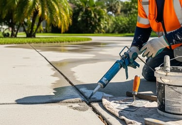 a man in a safety vest is repairing a concrete block