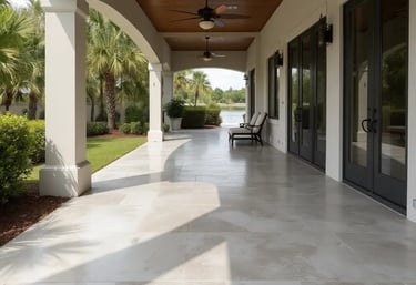 a patio with thin layer of concrete overlay for a fresh look