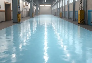 a large room with a long epoxy resin blue floor