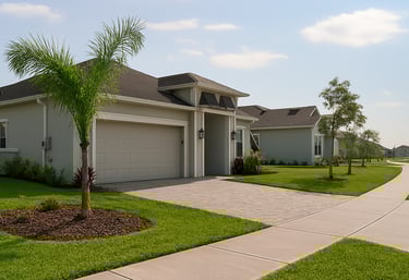 a driveway with a palm tree in front of a house