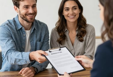 A professional agent explaining rental guarantee options to a young couple in a modern office.