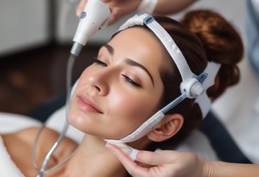 A collection of skincare products arranged aesthetically on a marble countertop.