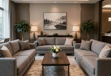 An inviting reception area featuring modern furnishings and a warm ambiance.