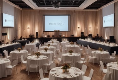 A beautifully decorated banquet hall with elegant lighting and floral arrangements.