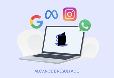 Notebook com logotipo da Leadspresso e ícones do Google, Meta, Instagram e WhatsApp — tráfego pago 