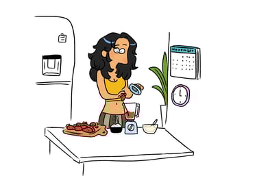 a cartoonish woman is cooking. Diane Mulolo Faida