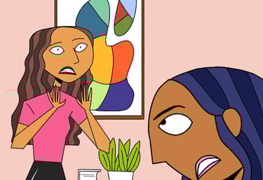 a cartoonish woman is standing in front of he friend discussing. Diane Mulolo Faida