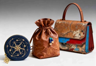 Silk Road Odyssey GWP collection, featuring an embroidered compass pouch and a cracked-leather bag