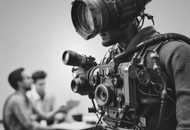 A filmmaker reviewing AI-generated storyboards on a laptop in a cozy studio.