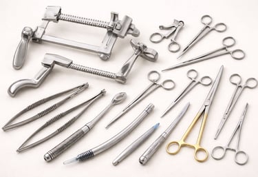 Thoracic surgery instruments including retractors, forceps, and scissors on a white background.