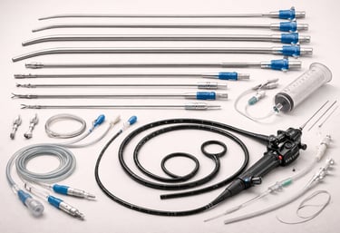 Gastroenterology tools including endoscopes and procedural instruments on a white background.