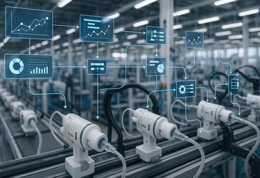 Manufacturing floor with connected data flow icons