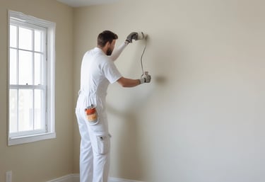 A section of crumbling plaster wall partially revealing the older brickwork underneath. The plaster is painted green and is peeling away to show dusty, weathered bricks with remnants of the previous white paint.