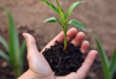 Hands holding soil with small growing plants in a natural environment.